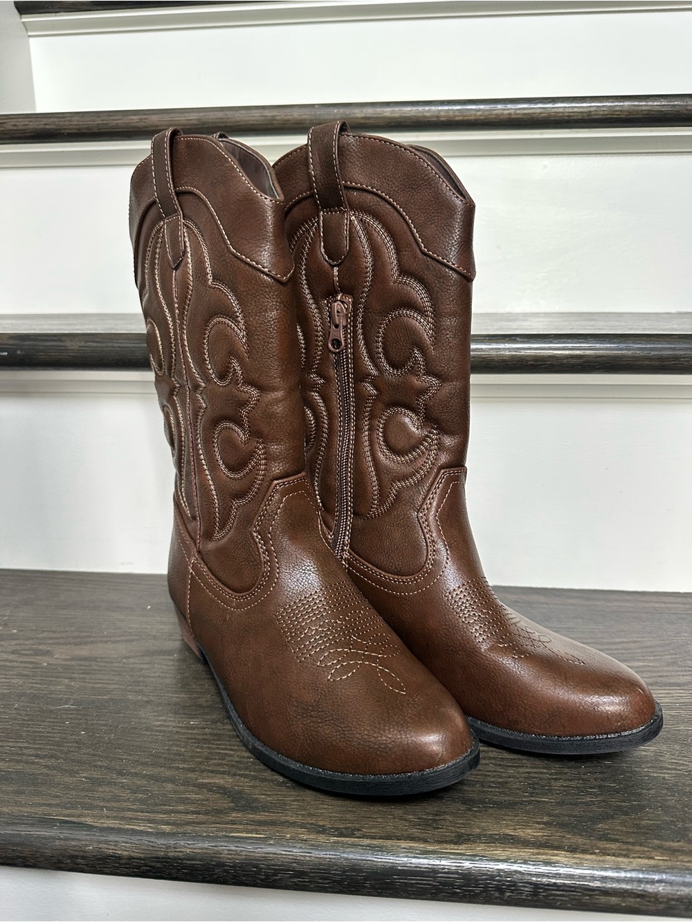 Brown Western Embroidered Mid-Calf Cowboy Boots